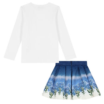 Girls White & Blue Floral Skirt Set